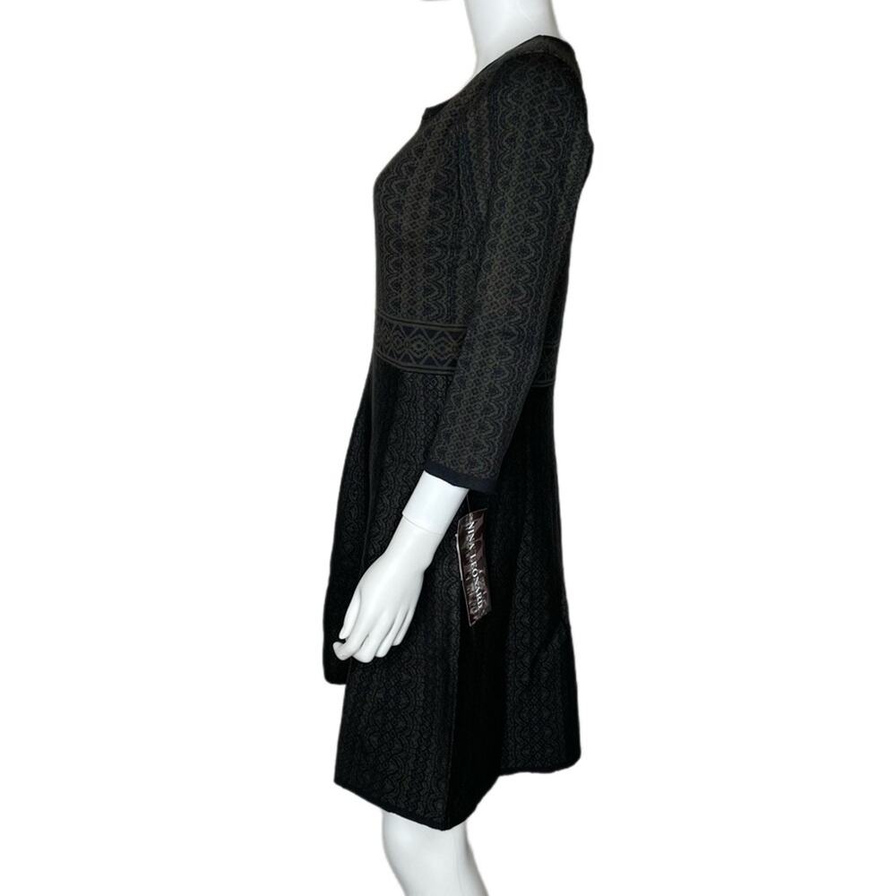 Nina Leonard Women's Black/Olive Print Scoop Neck Fit & Flare Sweater Dress sz M - Picture 3 of 5